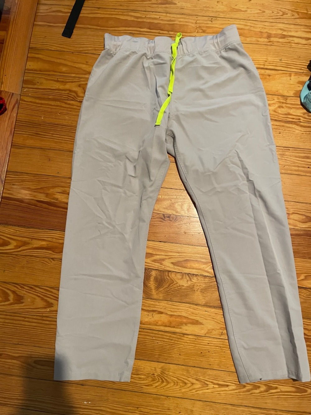 Figs Light Gray Straight-Leg Pants with Neon Yellow Drawstring